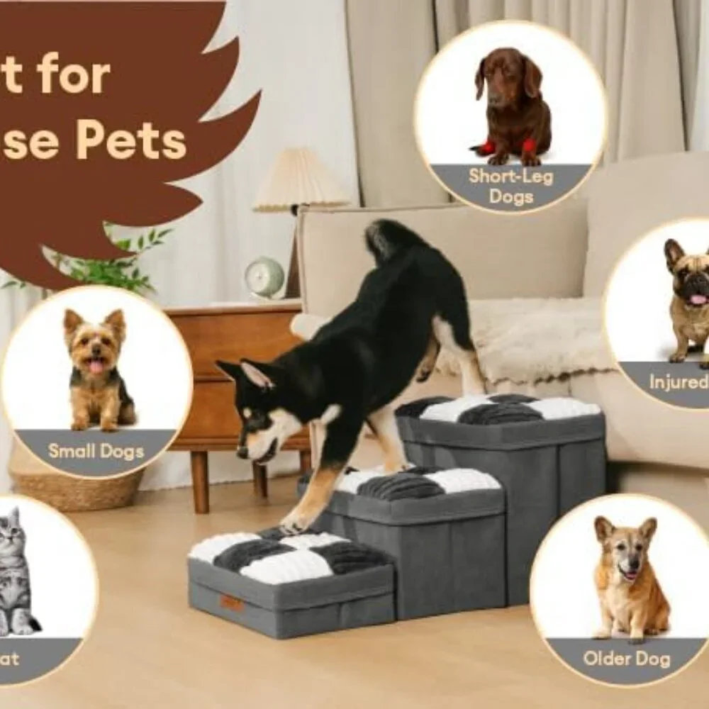 FUNNYFUZZY Dog Stairs with Storage 13“H,Foldable 3-Step